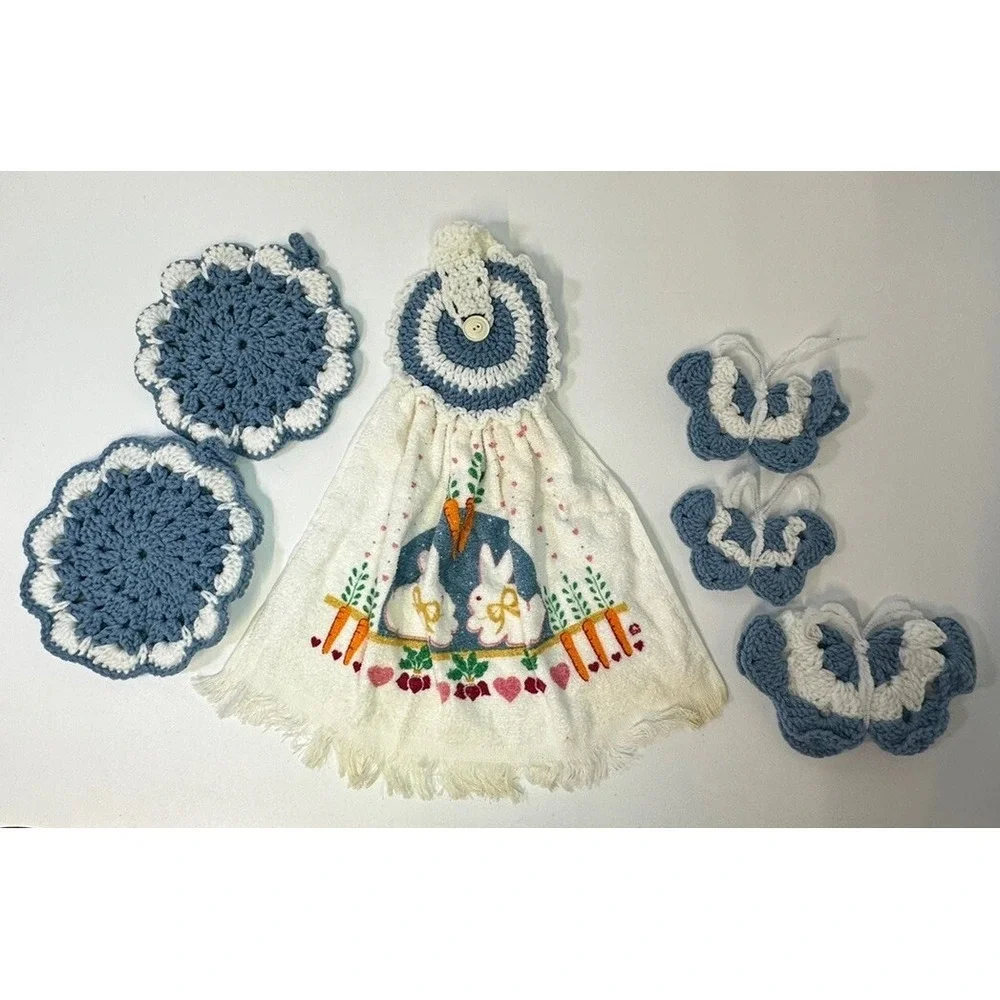 VTG Lot 6 Crochet Doily Towel Butterfly Bunny‎ Easter Cottage Core Handmade